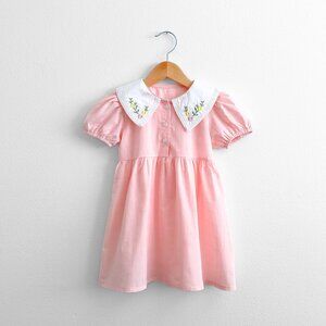 NWT Pretty Girls Floral Embroidered Bib Collar Dress Puffy Short Sleeves Pink 3T